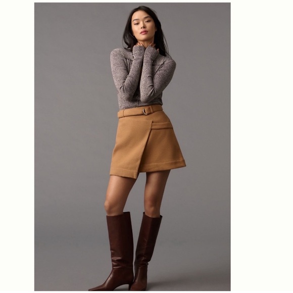 Anthropologie Camel Tan Wool Blend Belted Wrap Mini Skirt - Picture 2 of 12
